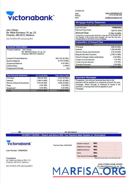 Blank Moldova Victoriabank mortgage statement Word and PDF template